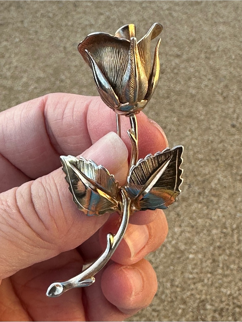 Vintage Giovanni Long Stem Rose Bud Brooch Satin Brushed Gold Tone Leaf Pin